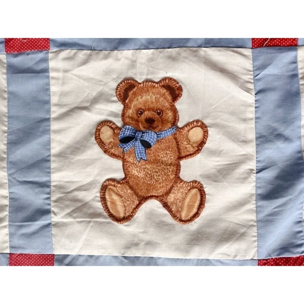 Teddy Bear‎ and Heart Quilt top blue and red